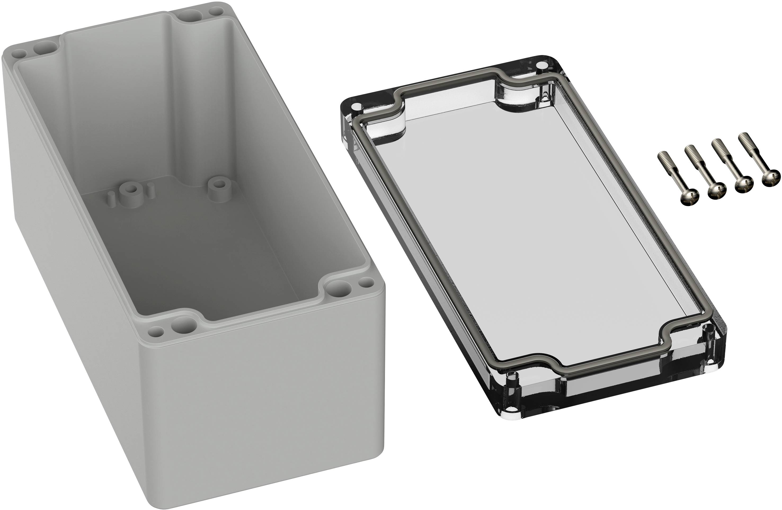 Grey-transparent electronic enclosures with removable cover and screws, for protecting electronic components.