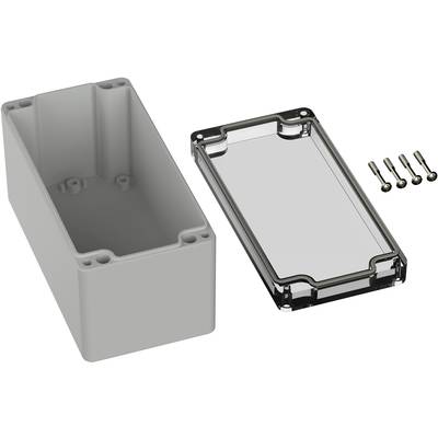 Grey-transparent electronic enclosures with removable cover and screws, for protecting electronic components.