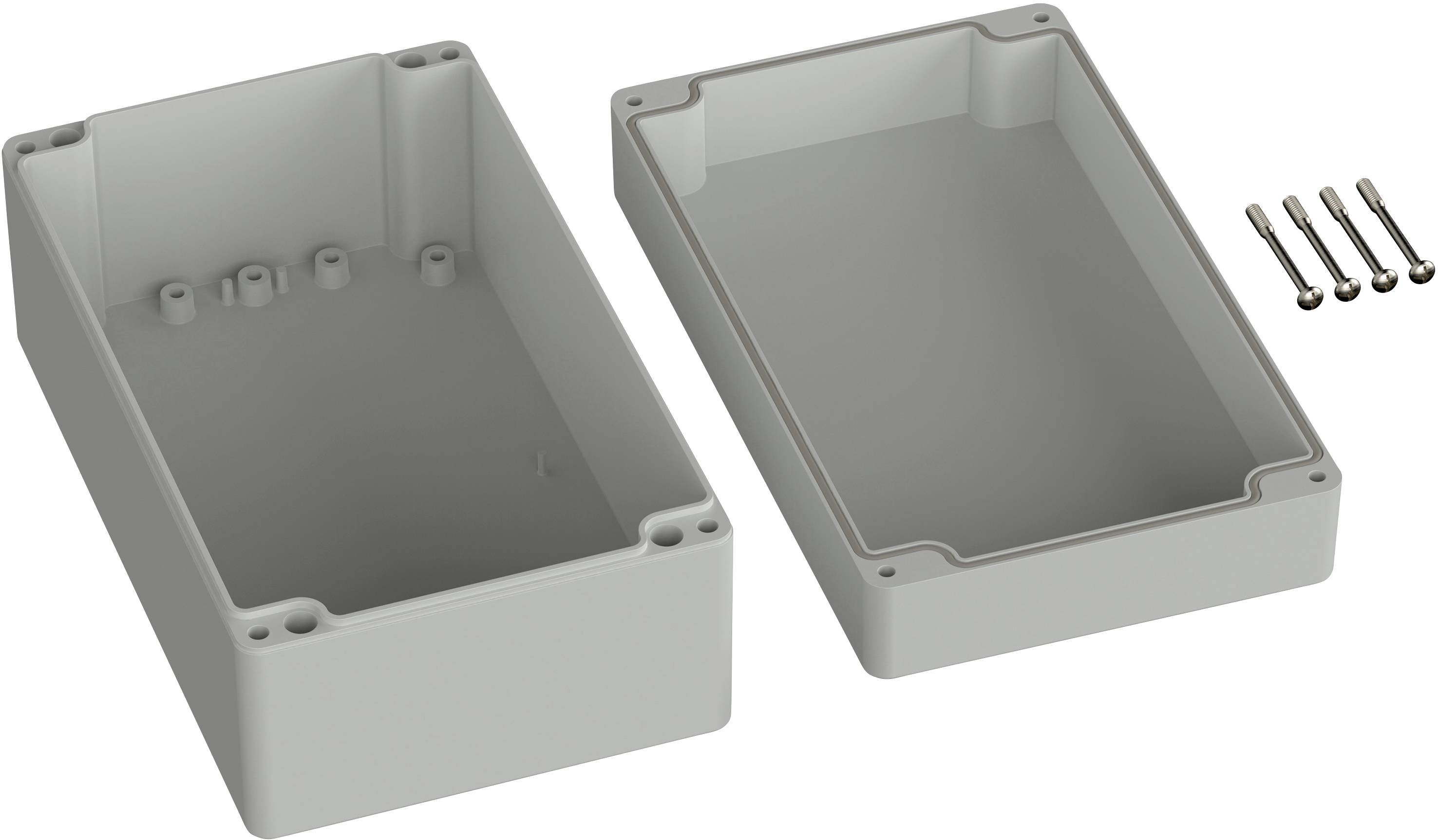Housing with a removable lid and four fixing screws, suitable for electronic components or device protection.