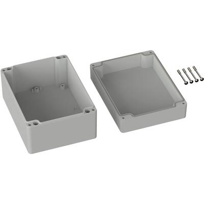Grey rectangular plastic container with a removable lid, shown next to four screws; presumably for electrical components.