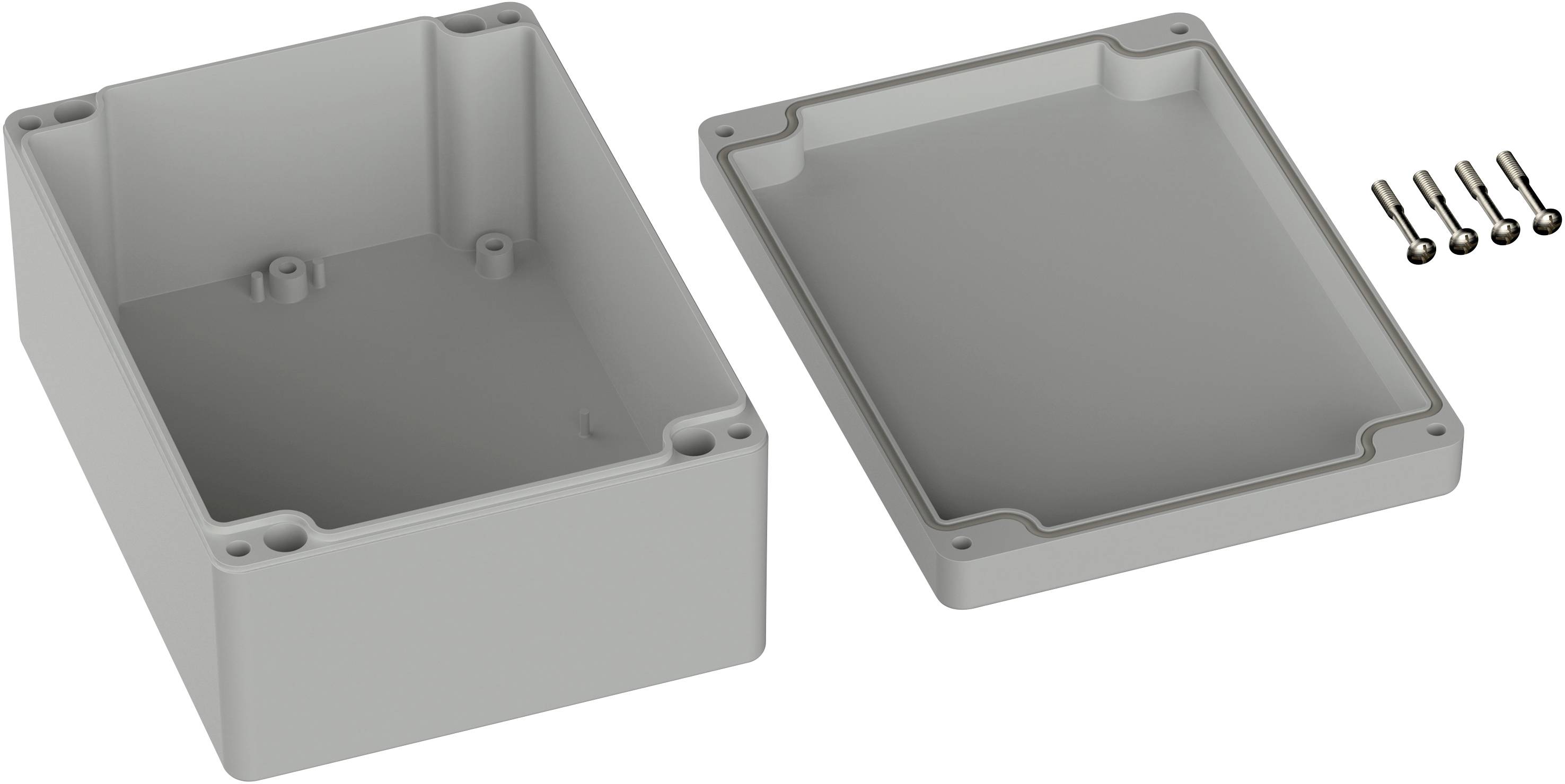Housing made of grey plastic, rectangular, with a removable lid and four screws. Suitable for housing electronic components.