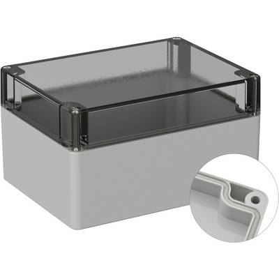 Housing made of grey plastic with a transparent, removable cover. Detailed view shows the seal in the housing lid for sealing.