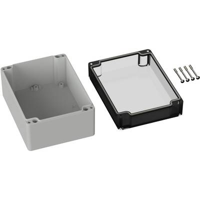 Housing with a transparent lid, grey base, and four screws. Lid and base are shown separately.