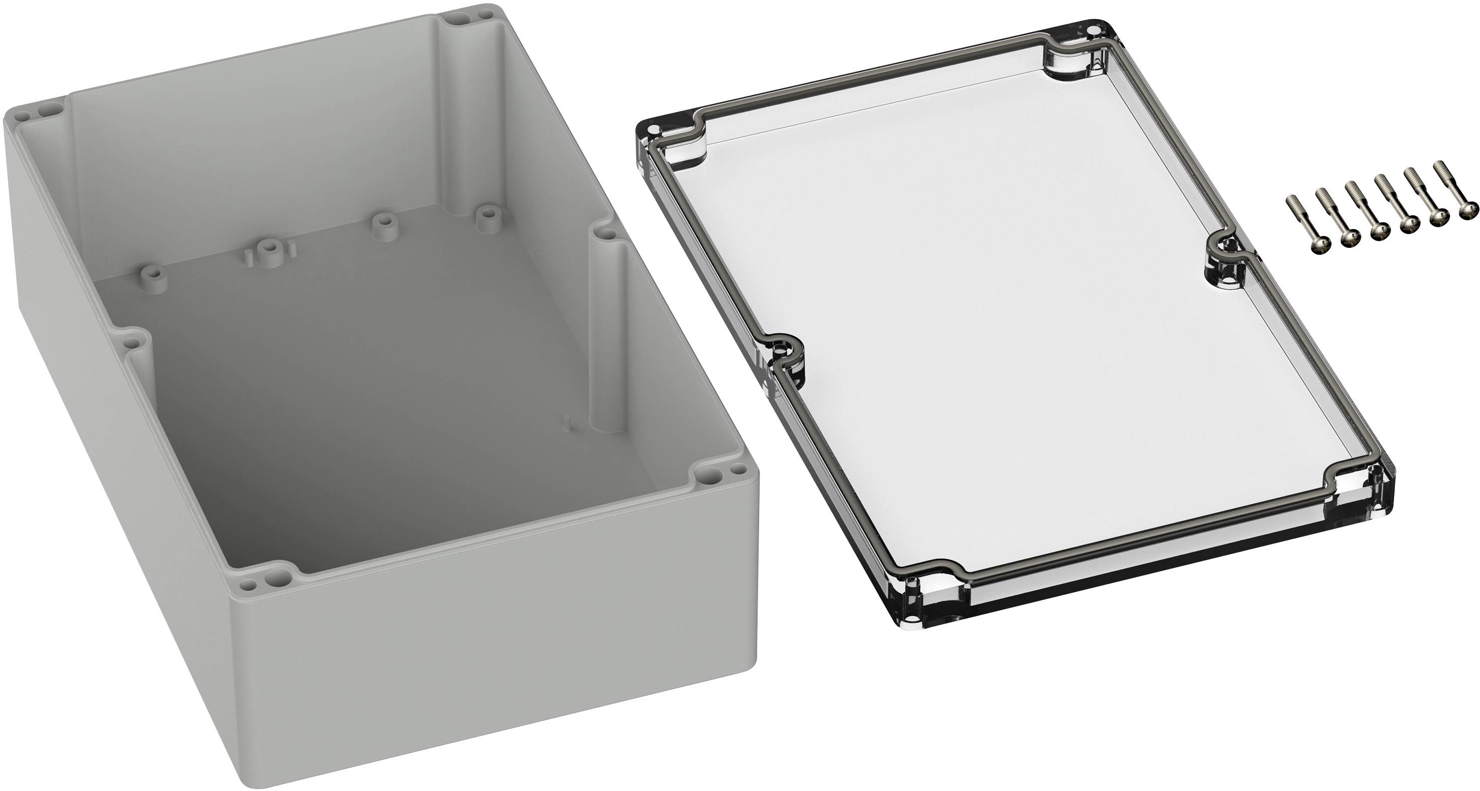 Plastic enclosure with a removable, transparent cover and mounting screws, suitable for electronic applications.