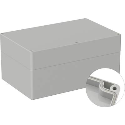 A rectangular grey plastic enclosure with a removable cover and shown sealing gasket in a circular zoom. Suitable for electronic equipment protection.