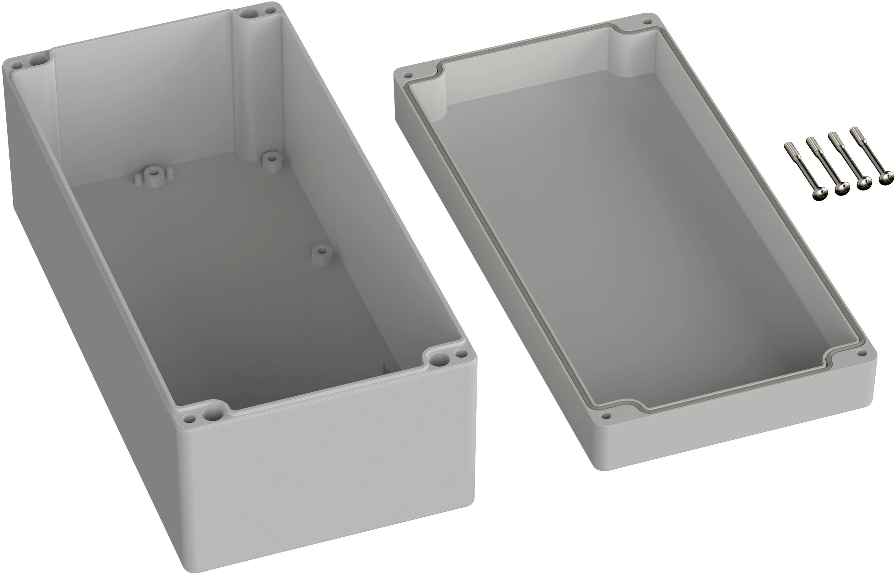 A rectangular, grey plastic enclosure consisting of two halves, with four screws beside it.