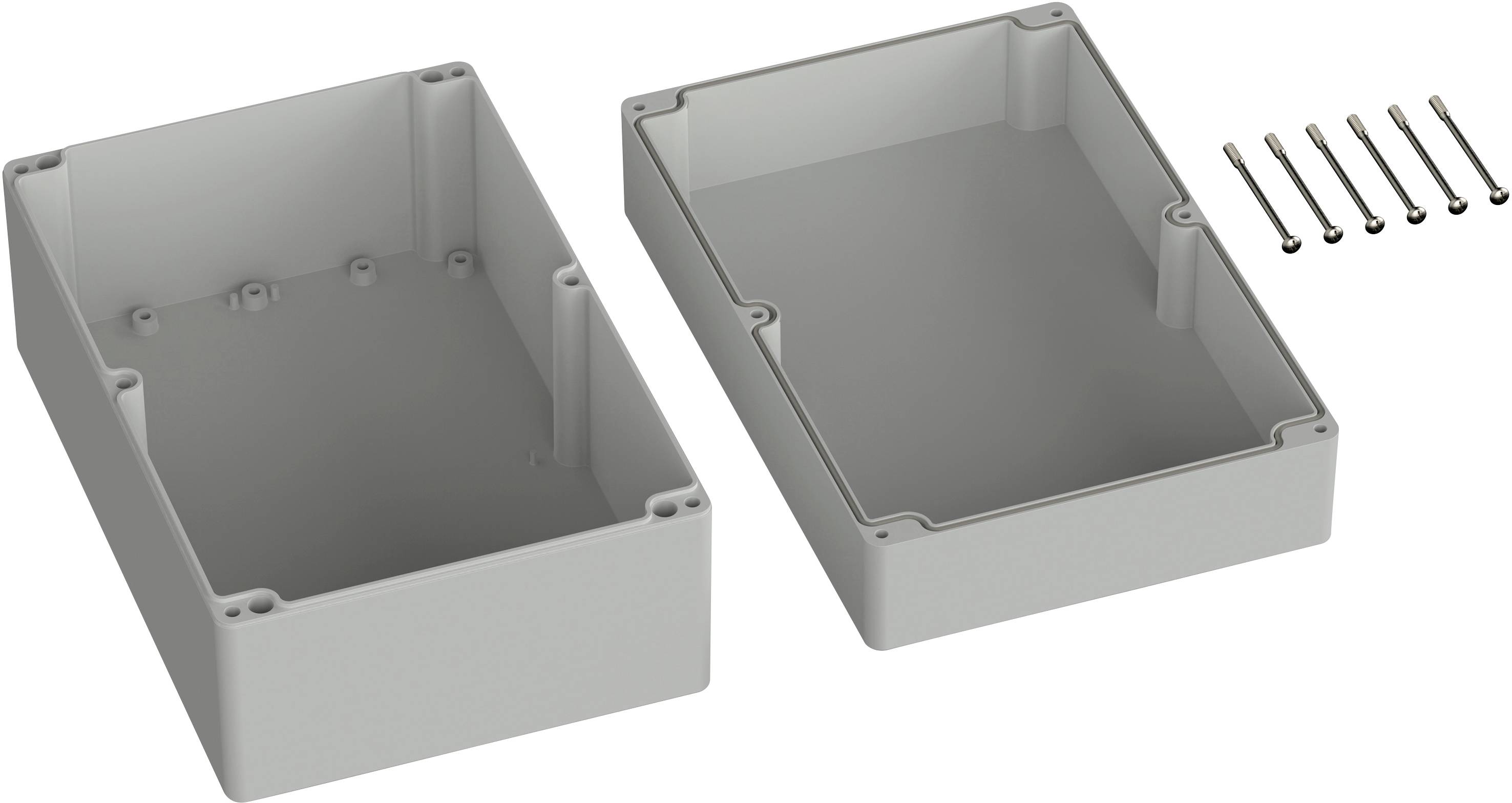 Housing in two separate parts with six screws, prepared for assembly. Suitable for protecting electronic components.