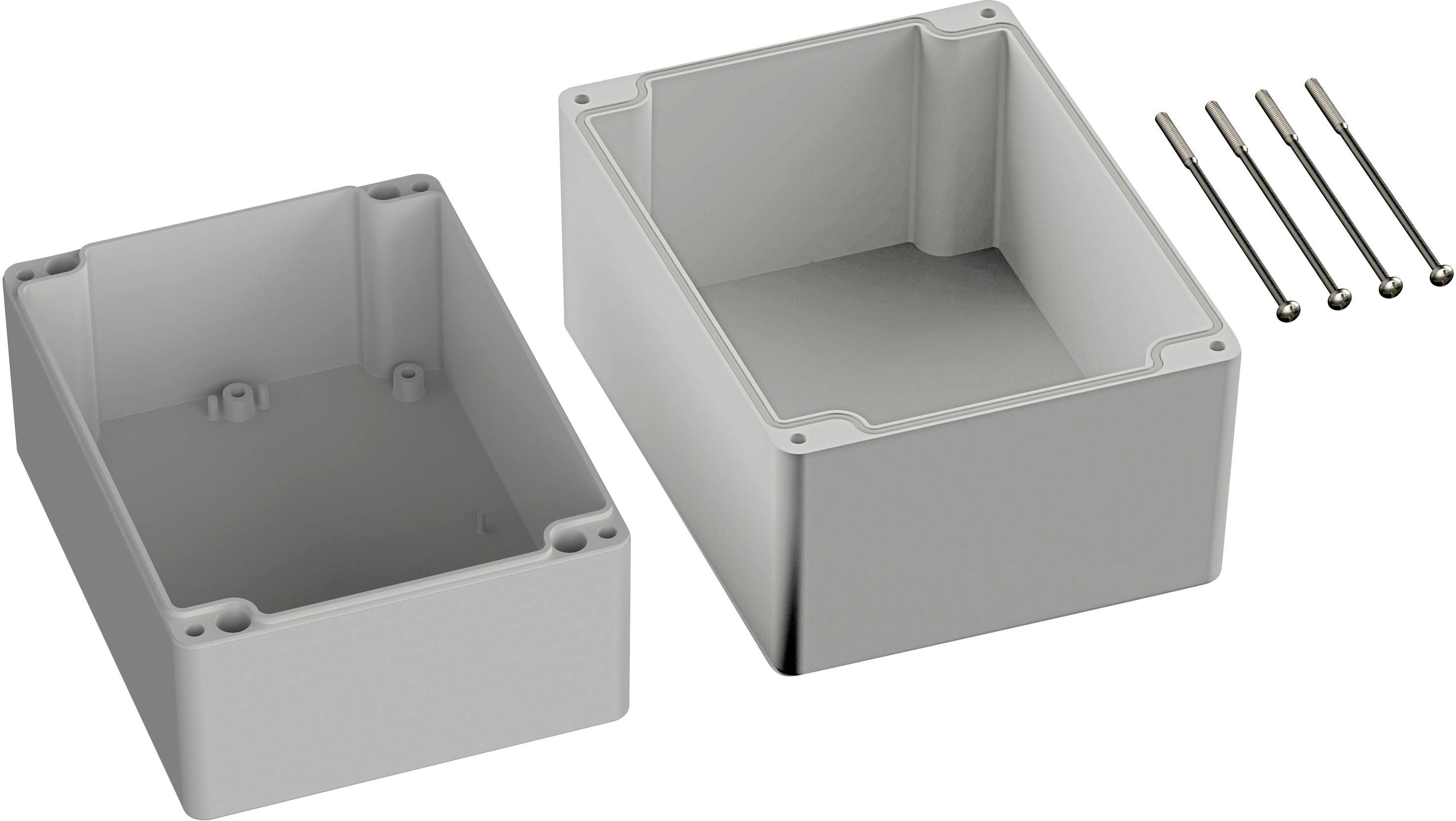 A rectangular grey enclosure made of two parts with five screws beside it, suitable for electrical assemblies or circuits.