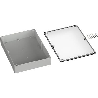 Grey rectangular enclosure with a removable transparent lid and five screws, suitable for electronic components.