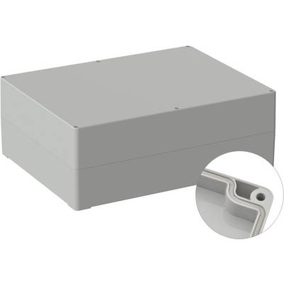 Rectangular grey plastic housing. The detail section shows a close-up of a corner area with a screw hole.