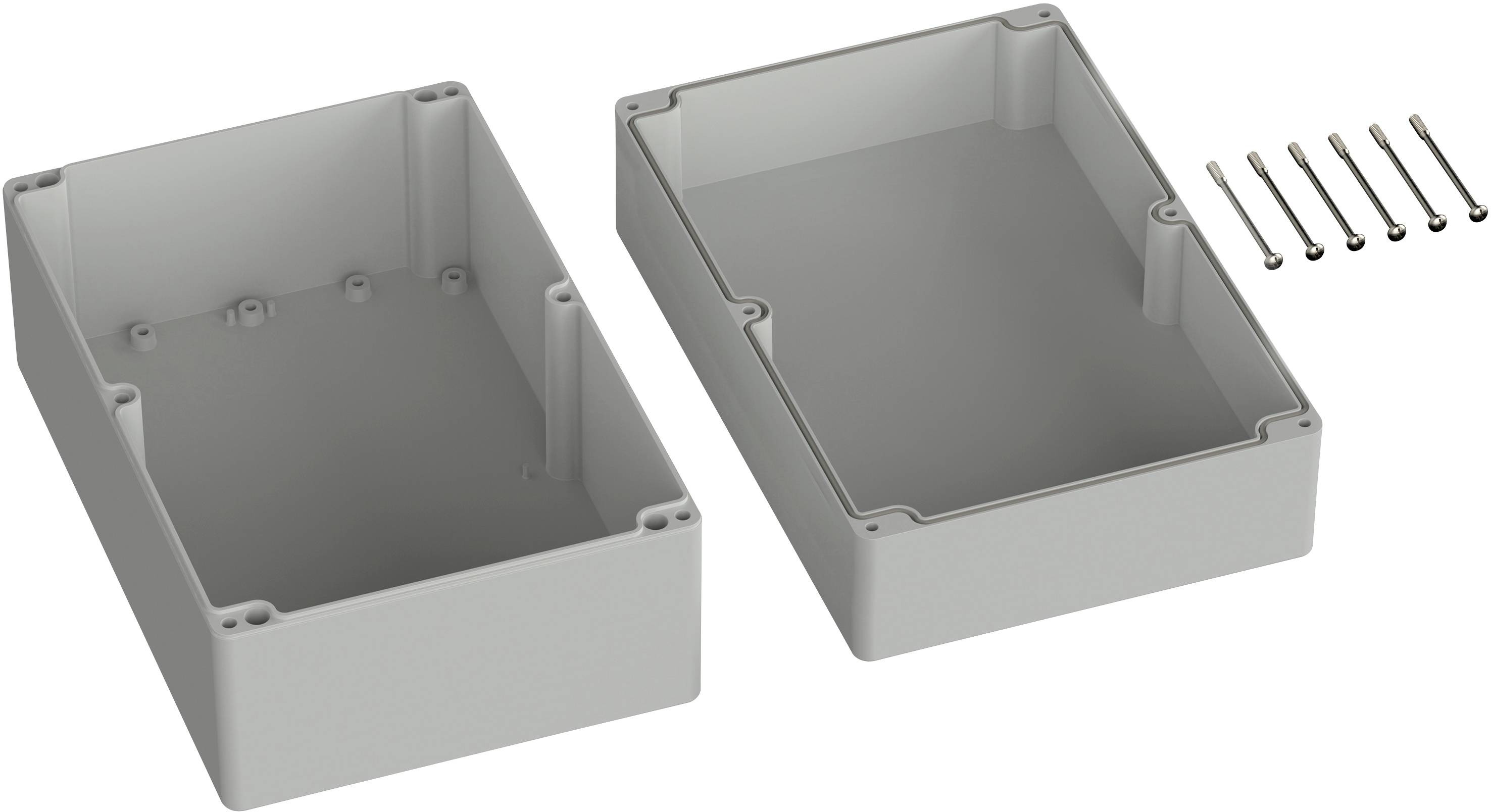 Two-part grey enclosure with screws, shown open. Suitable for installing technical components or electronics.