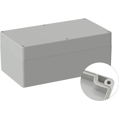 Grey rectangular enclosure with rounded edges. Enlarged view shows precise processing of the inner edge.