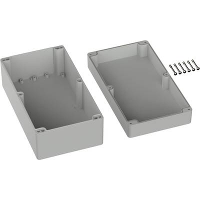 Housing consisting of two removable parts fastened with screws; rectangular shape, grey, suitable for electronic components.