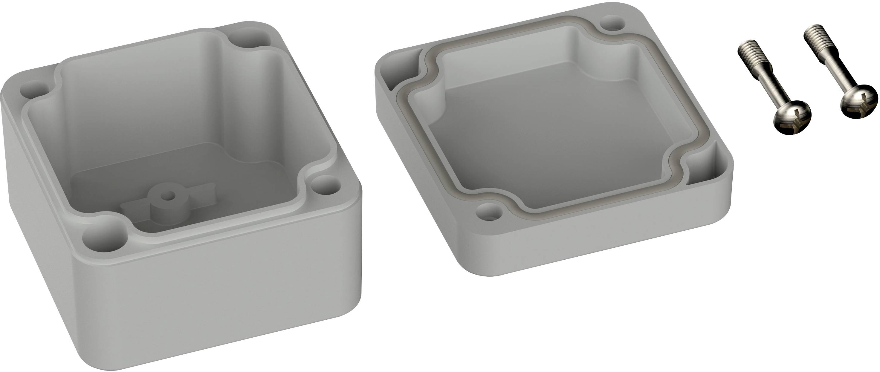 Grey, rectangular plastic housing in two parts with rounded corners. Alongside, two silver screws.