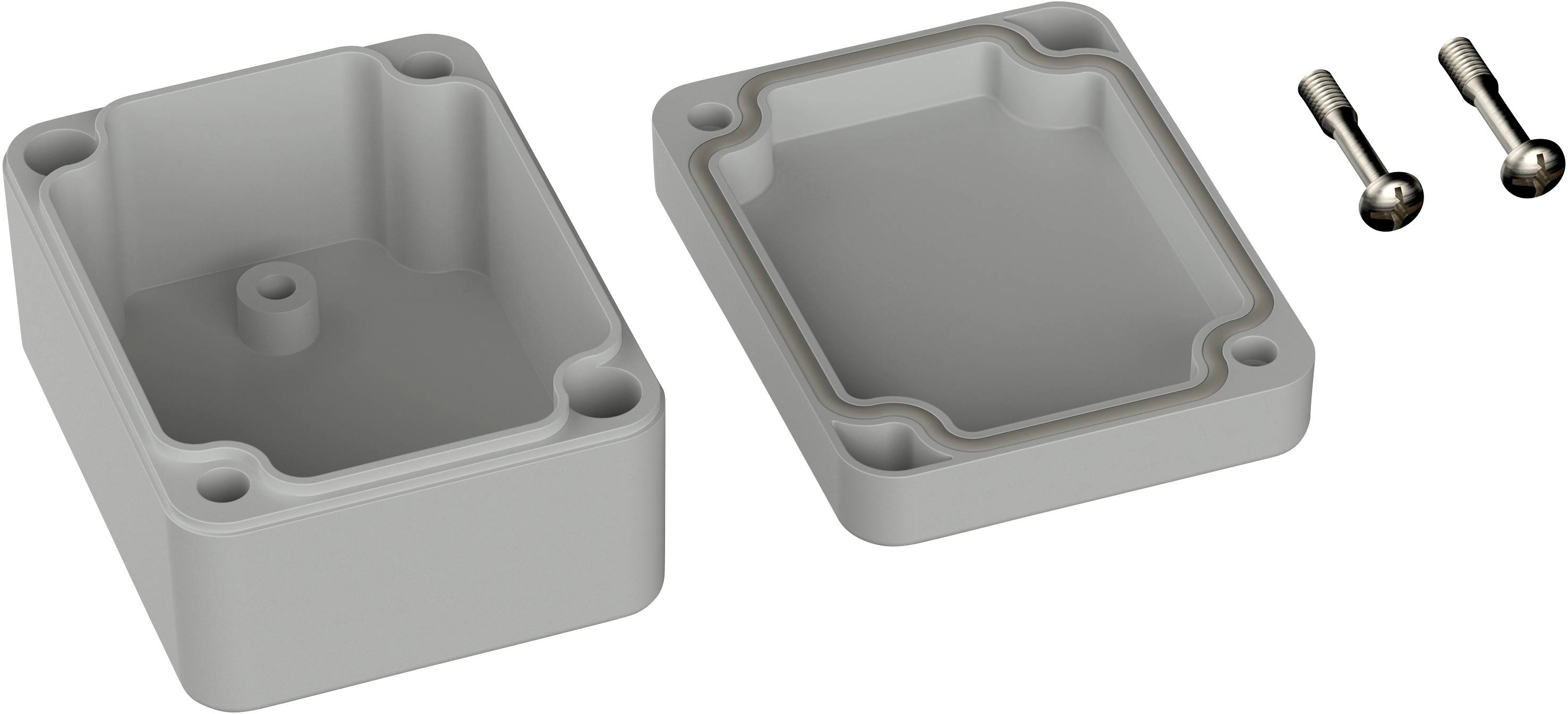 Grey rectangular plastic housing in two parts, upper part and lower part, secured by two screws on the left.