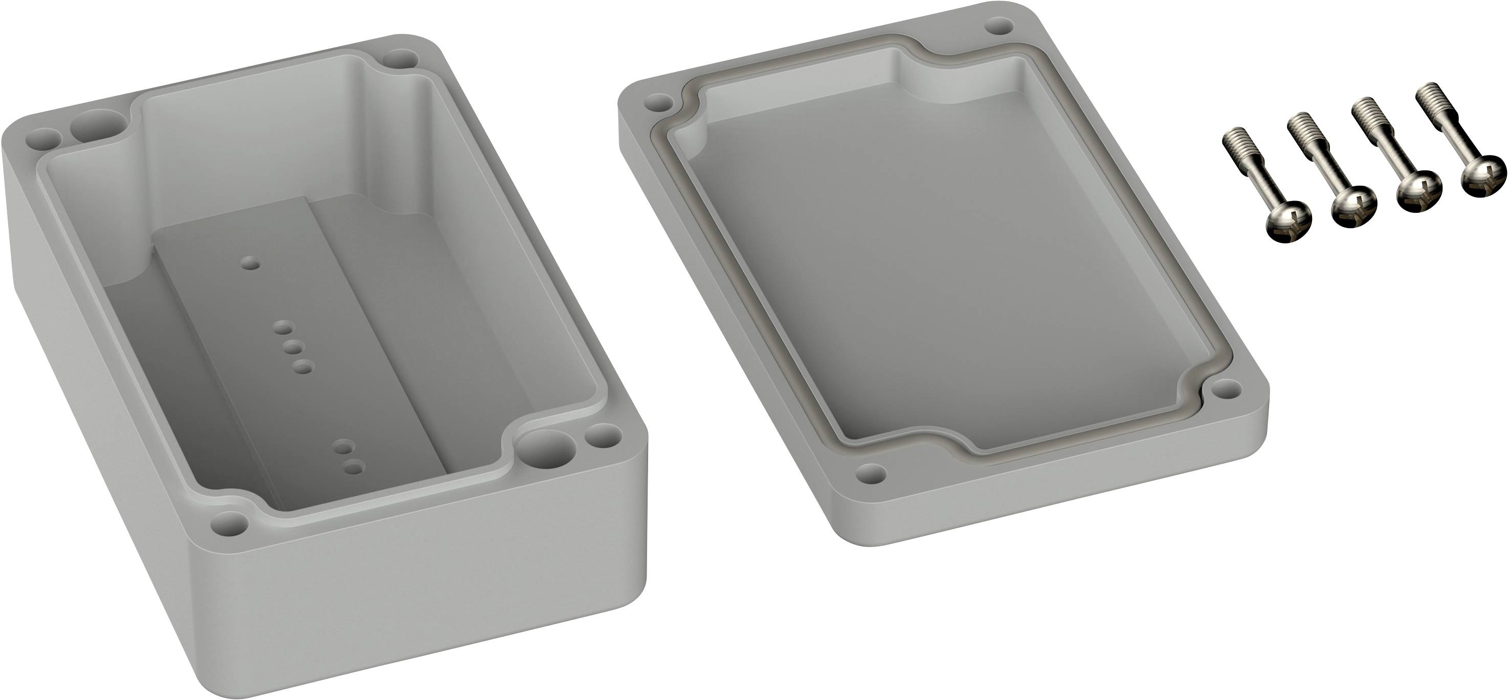 Grey rectangular plastic enclosure, two-piece. Left side shows the opened base, right side shows the lid. Four screws at the top right.