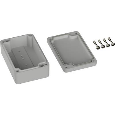 Grey rectangular plastic enclosure, two-piece. Left side shows the opened base, right side shows the lid. Four screws at the top right.