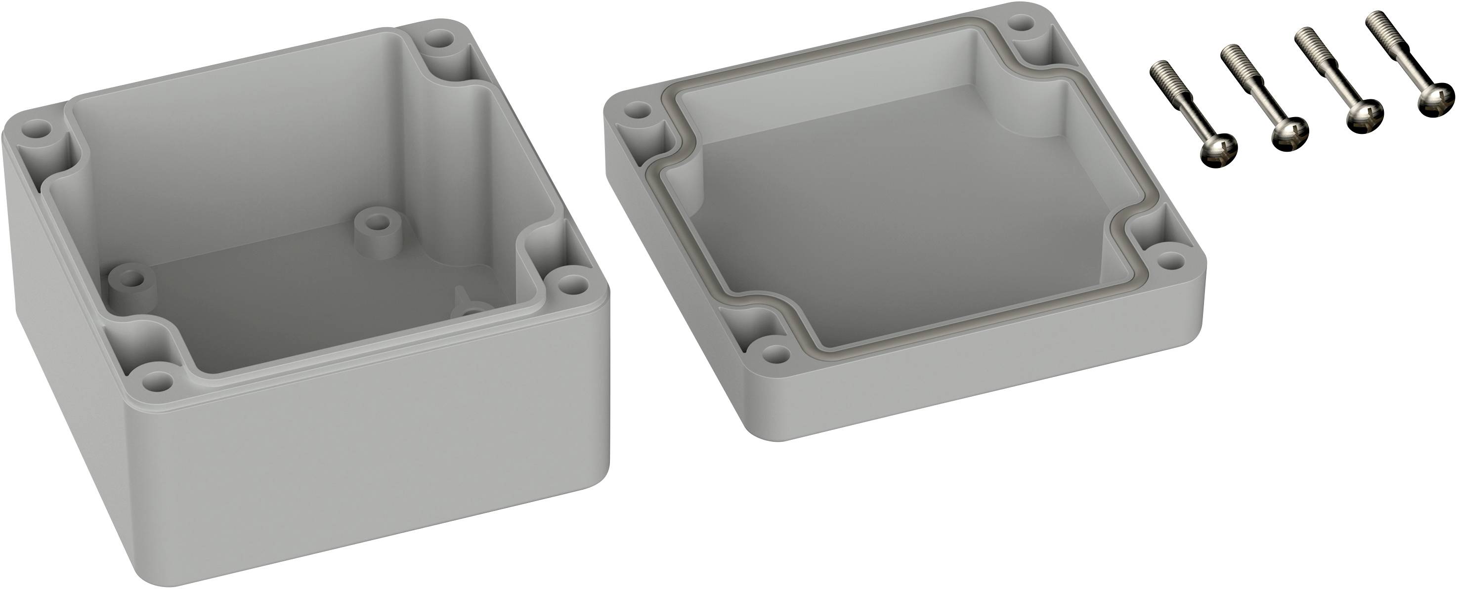 Grey plastic enclosure with removable cover and four screws, suitable for protecting electronic components.