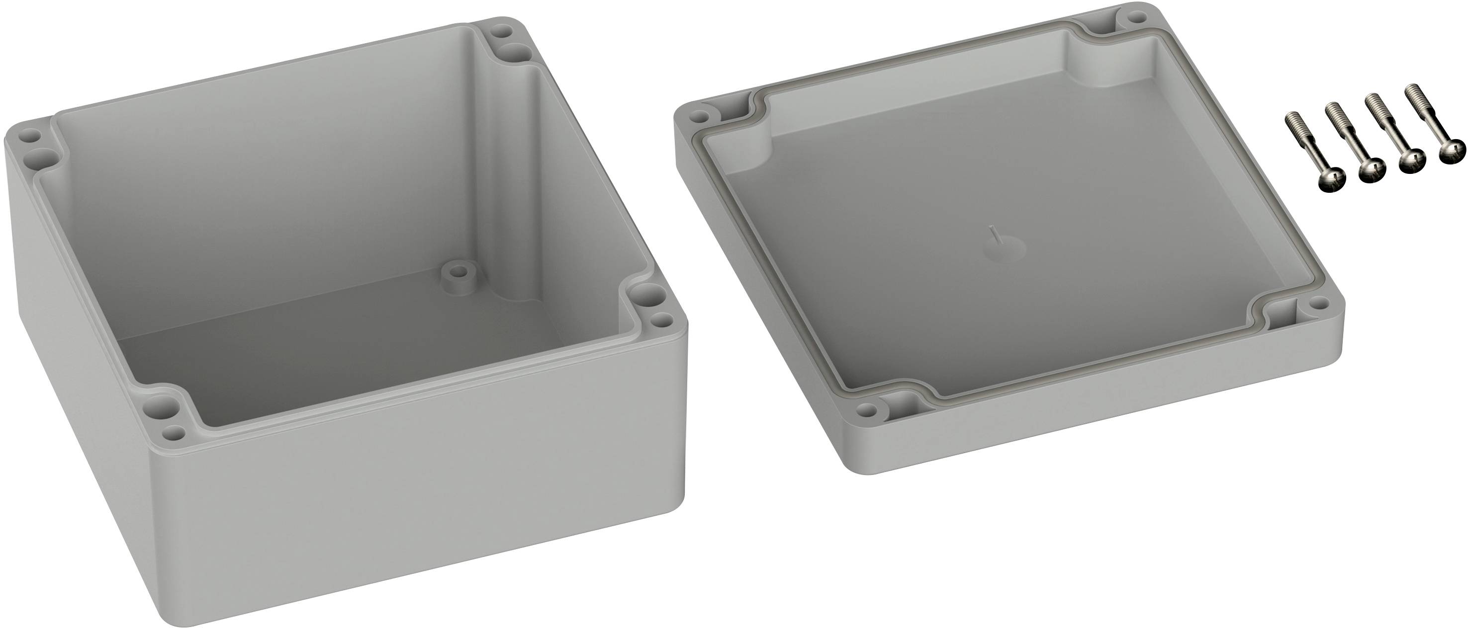 Grey plastic housing in a rectangular shape, consisting of two parts: the base and the lid, along with four screws.