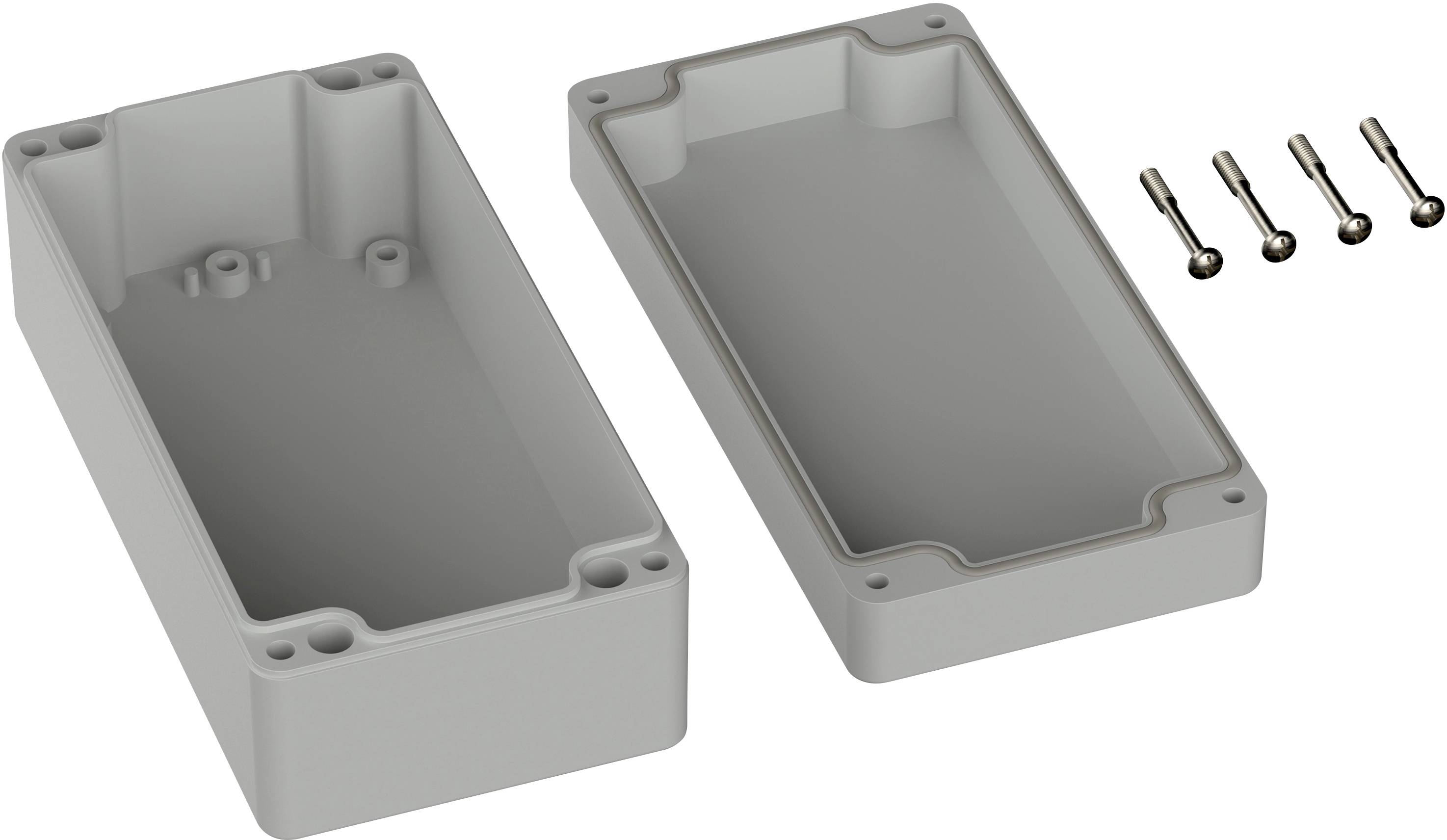 Two grey enclosure halves in a rectangular shape with rounded corners, four adjacent screws for fastening.