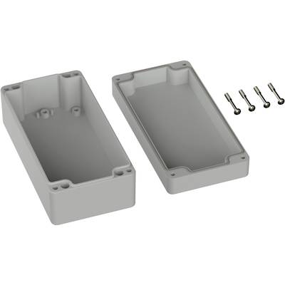 Two grey enclosure halves in a rectangular shape with rounded corners, four adjacent screws for fastening.