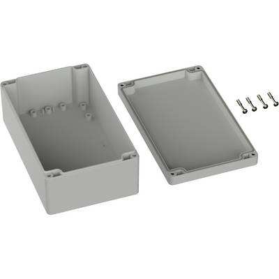 A rectangular, grey plastic enclosure with a removable lid and six screws. Suitable for electronic assembly.