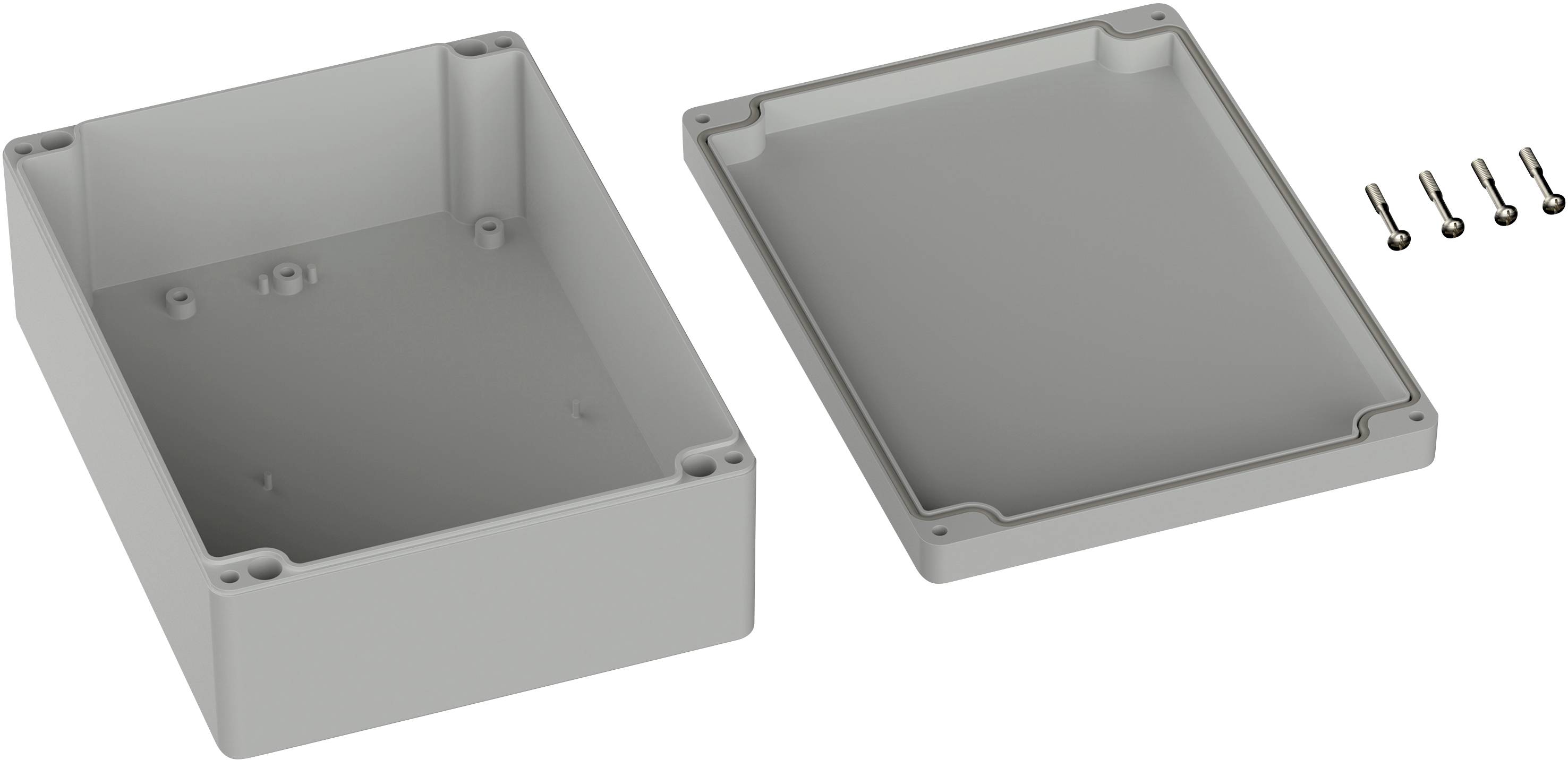 Grey plastic enclosure with removable lid and six screws, suitable for electronic applications.