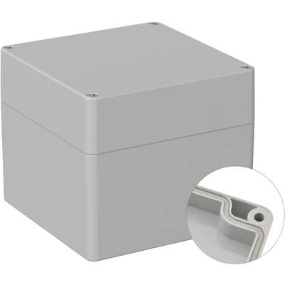 Grey, rectangular enclosure with a removable lid and four screws at the corners. Close-up view of a sealed edge.