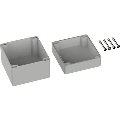 Two-part grey enclosure with lid removed, four screws beside it. Suitable for electronic applications.