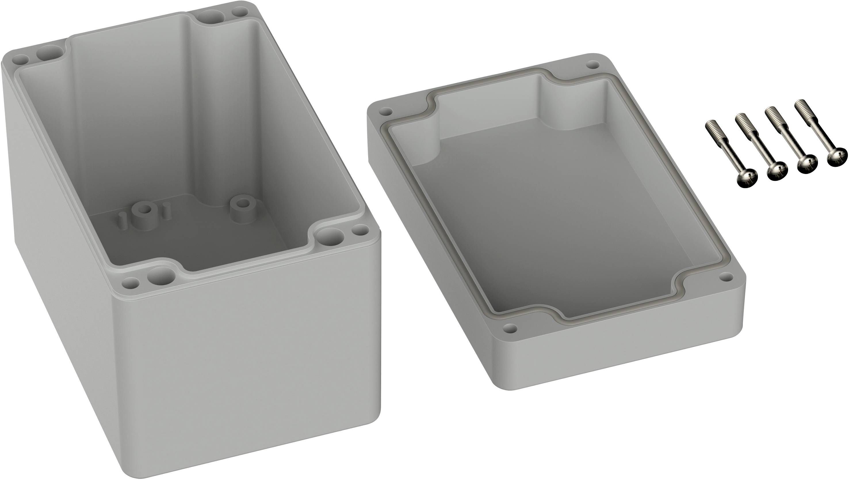 Plastic enclosure, opened with cover removed, four screws beside it. Suitable for electronic components.