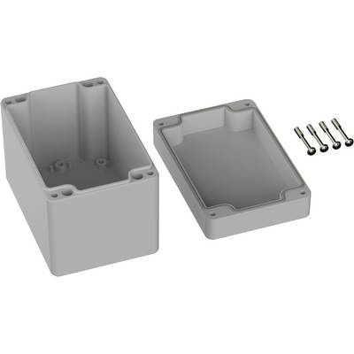Plastic enclosure, opened with cover removed, four screws beside it. Suitable for electronic components.