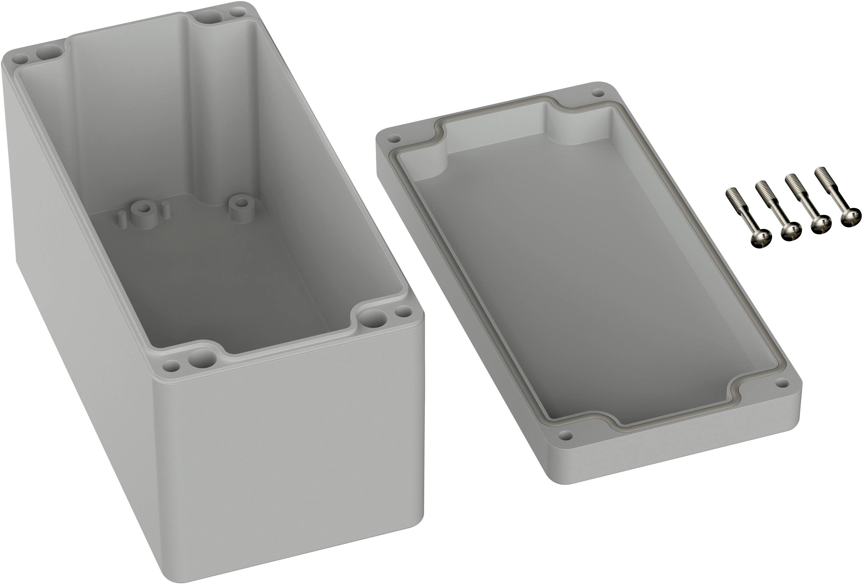 Grey plastic enclosure with removable cover and four screws, suitable for electronic components, protection against dust and moisture.
