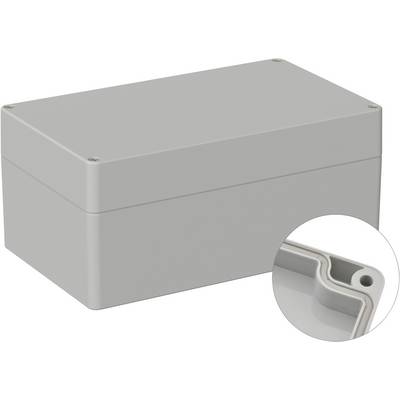 Grey plastic enclosure, rectangular, with removable lid. Close-up of the inner rounded edge magnified in a circular view.
