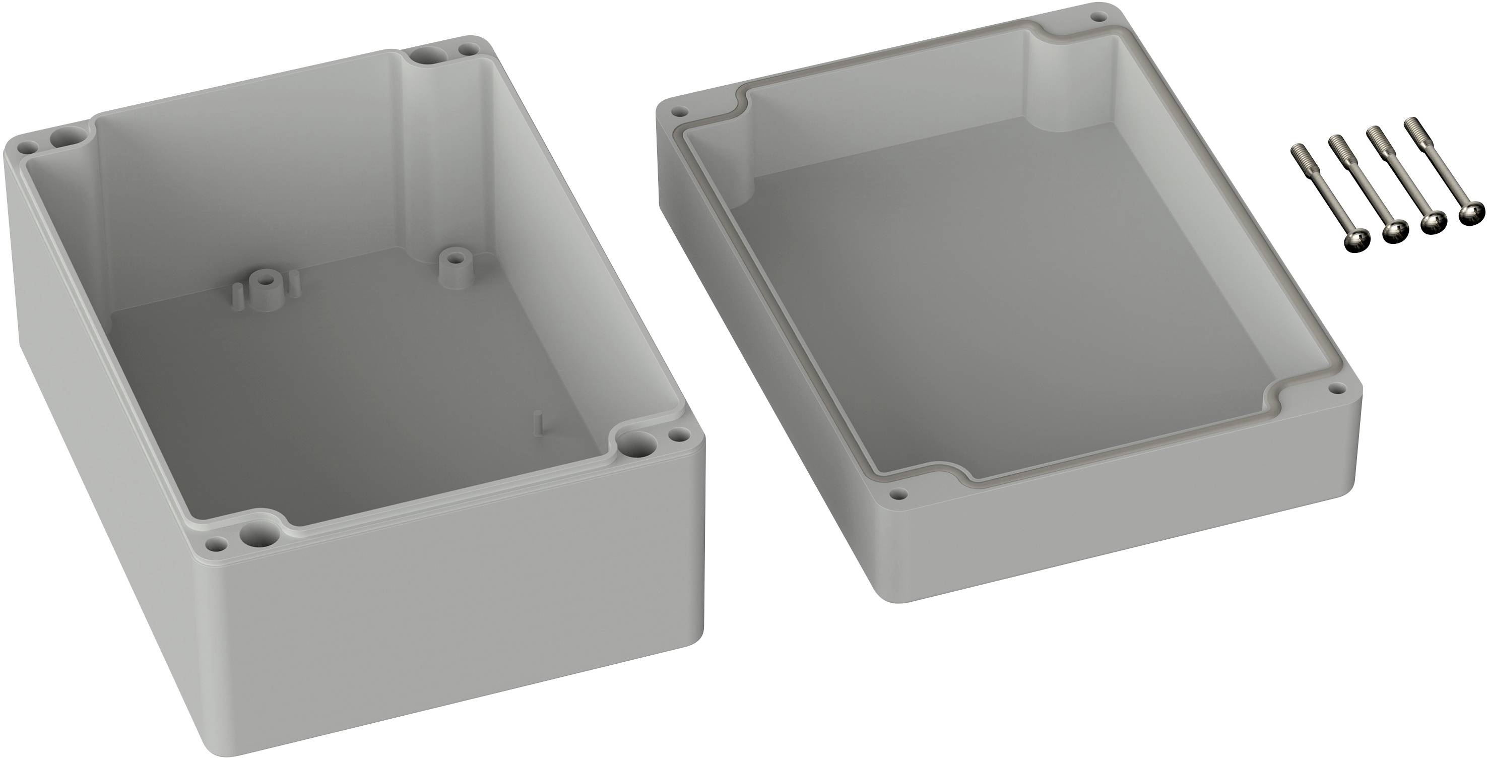 Grey rectangular enclosure made of two halves, shown open, with four screws next to it on the right.