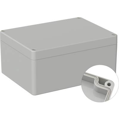 Grey rectangular housing with a removable cover and integrated sealing frame, close-up of a corner element.