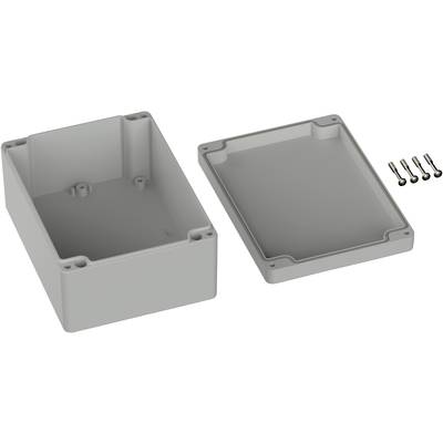 Grey rectangular enclosure against a light background, open, with the lid removed and four screws beside it.
