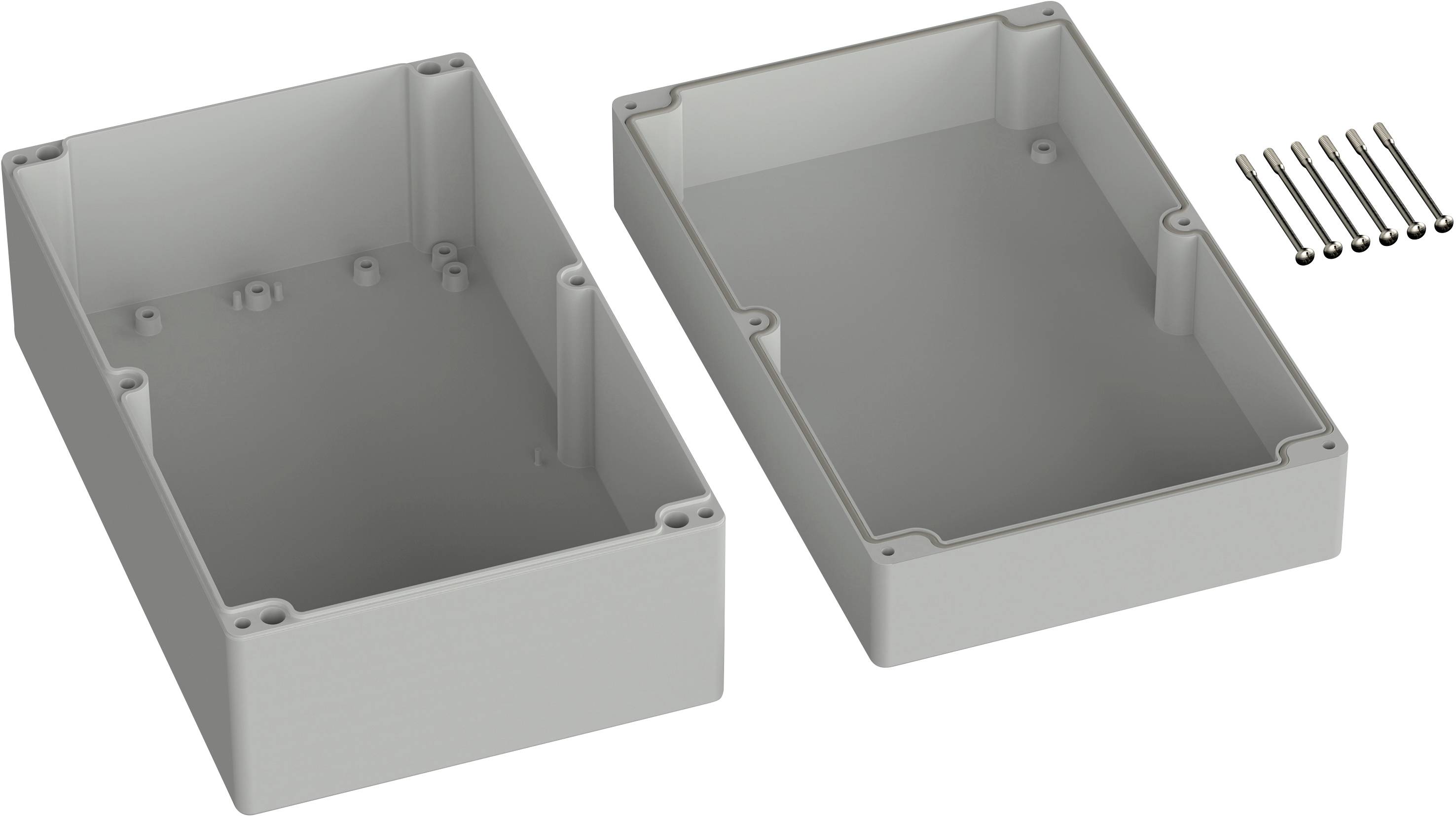 Grey plastic enclosure, two-part, opened, with six screws beside it. Suitable for electronic applications.