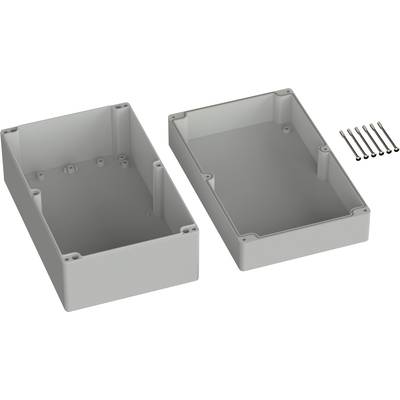 Grey plastic enclosure, two-part, opened, with six screws beside it. Suitable for electronic applications.