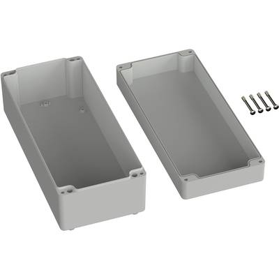 Grey, rectangular enclosure in two parts, with a removable lid. Four screws for sealing the enclosure are placed beside it.