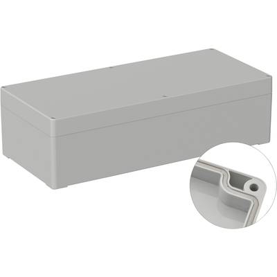 Rectangular grey enclosure with rounded corners, detailed view of an edge with screw aperture in the foreground.