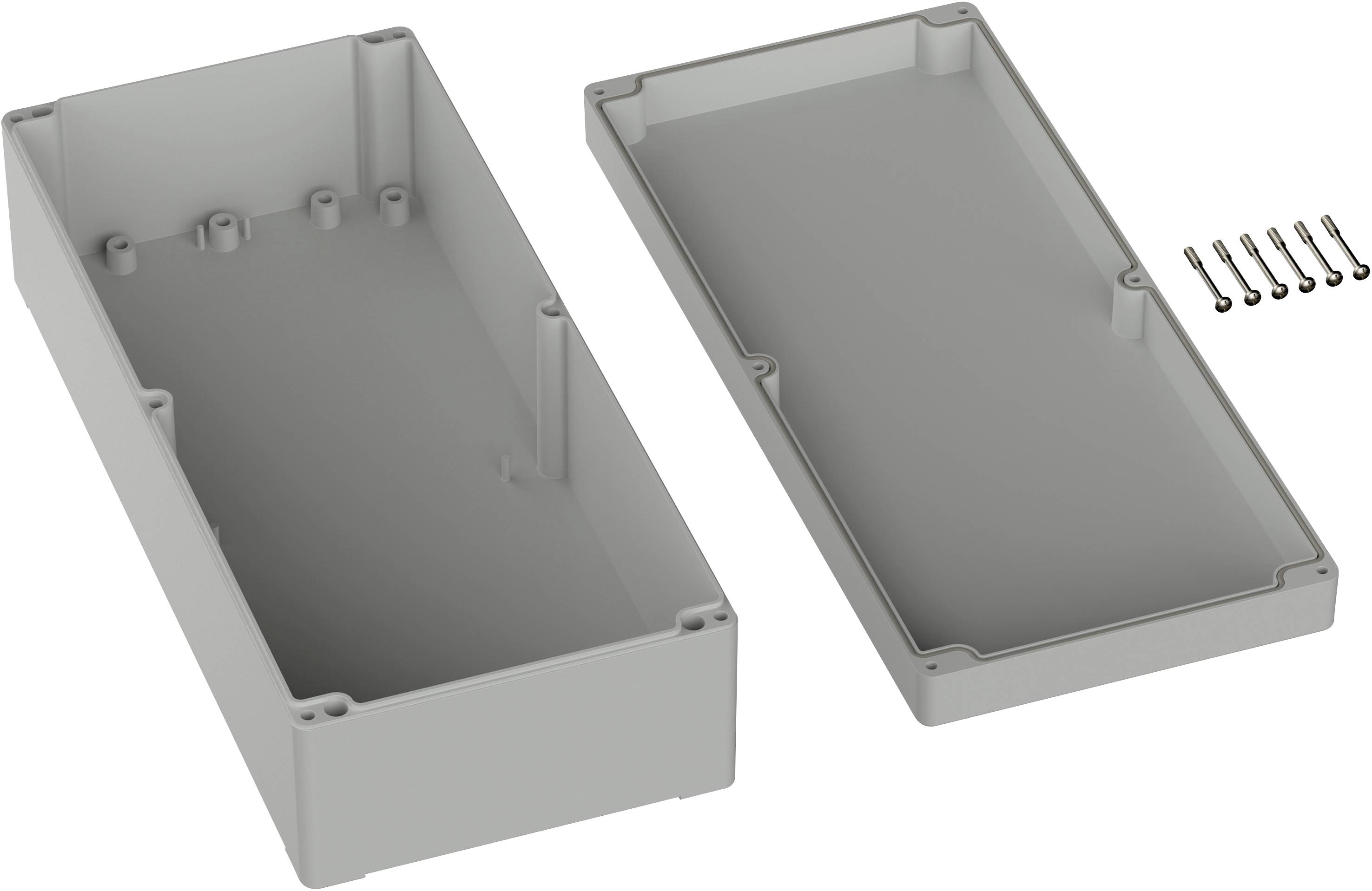 Housing opened into two parts: left section with screw holes, right section a cover. Six matching screws placed alongside.