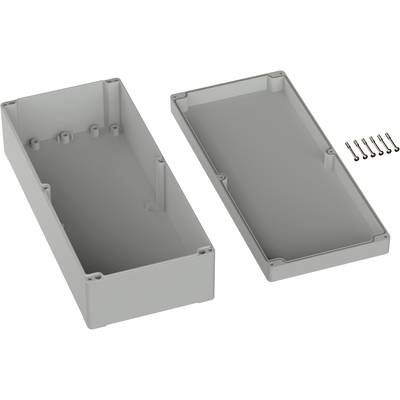 Housing opened into two parts: left section with screw holes, right section a cover. Six matching screws placed alongside.