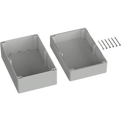 Two grey plastic enclosure halves and six screws, ready for assembly. Ideal for electronic packaging.