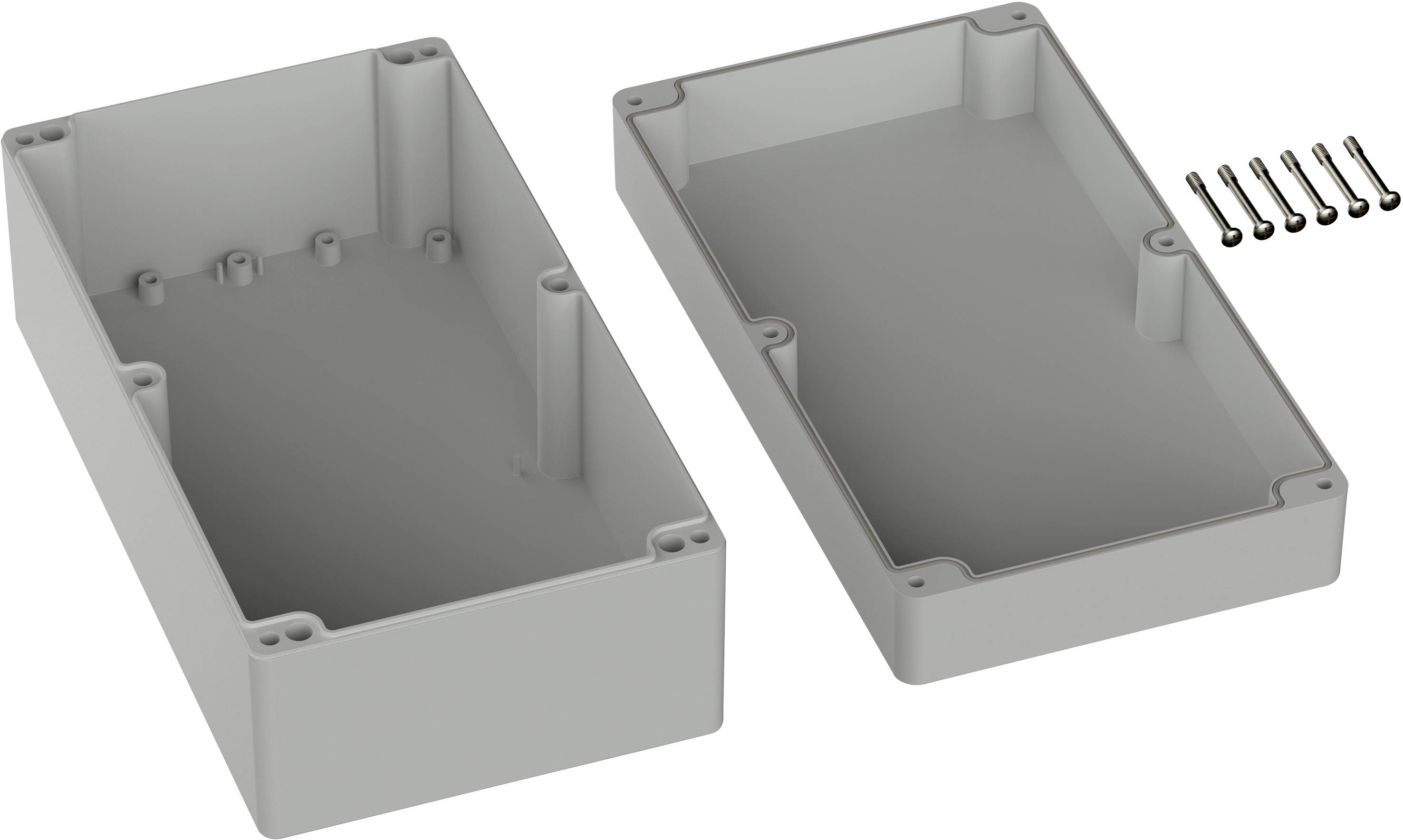 Plastic casing, opened. Consists of two parts with rounded corners. Six screws are placed beside it for fastening.