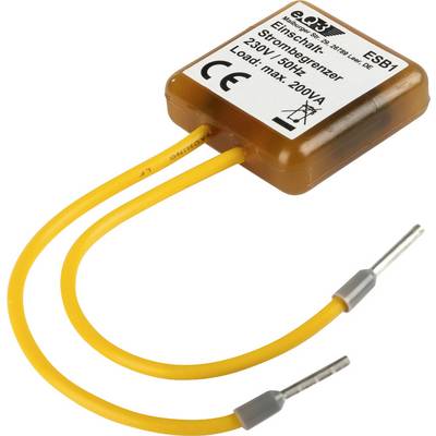 Electrical current limiter, rectangular shape, with yellow wires. Inscription: '230V 50Hz, Load: max. 200VA', CE marking.