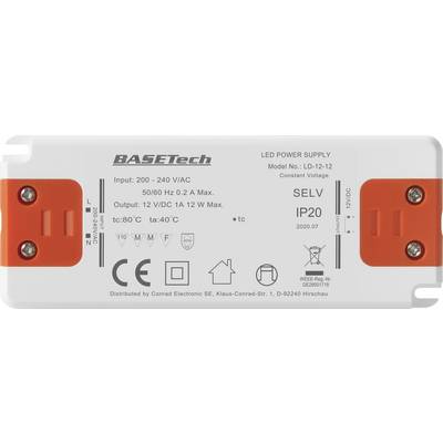 A rectangular LED power supply from BASETech with model number LD-12-12. It has inputs of 200–240 V AC and outputs of 12 V DC, 1 A, 12 W.