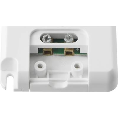 Close-up of a white plastic mounting bracket with two visible screws and electrical connections in the centre.