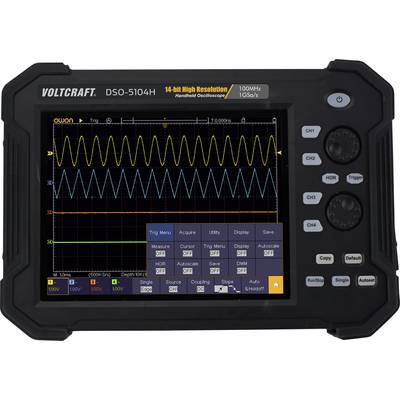Oscilloscope display shows a sinusoidal wave pattern. Measurement and trigger settings are visible. Device identified as VOLTCRAFT DSO-5104H.