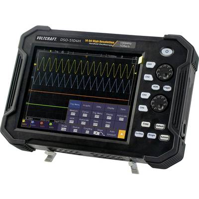 A portable oscilloscope displays a complex waveform on the screen with various menu options and buttons on the side.