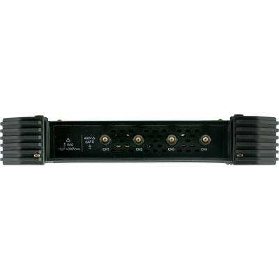 Black electronic device with four connection sockets (CH1, CH2, CH3, CH4) and a warning mark on the left side.